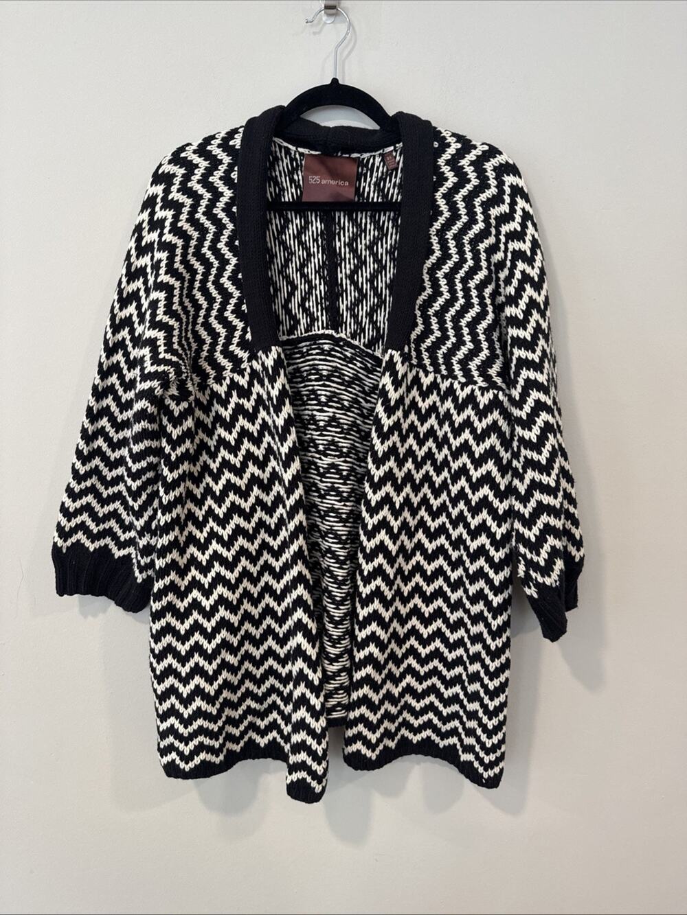 525 America Ivory & Black Chevron Open Front Chunky Knit Cardigan Sweater 2X